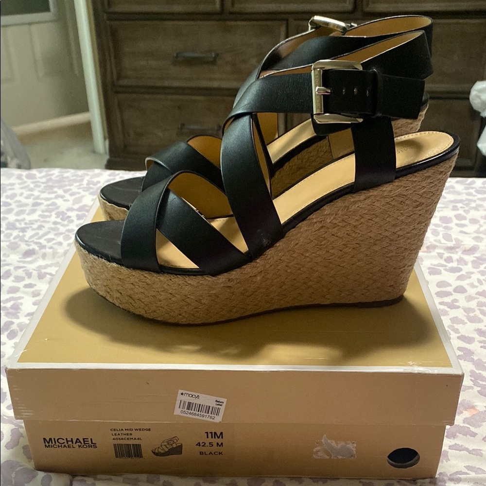 Michael Kors Black Leather Wedge Sandals